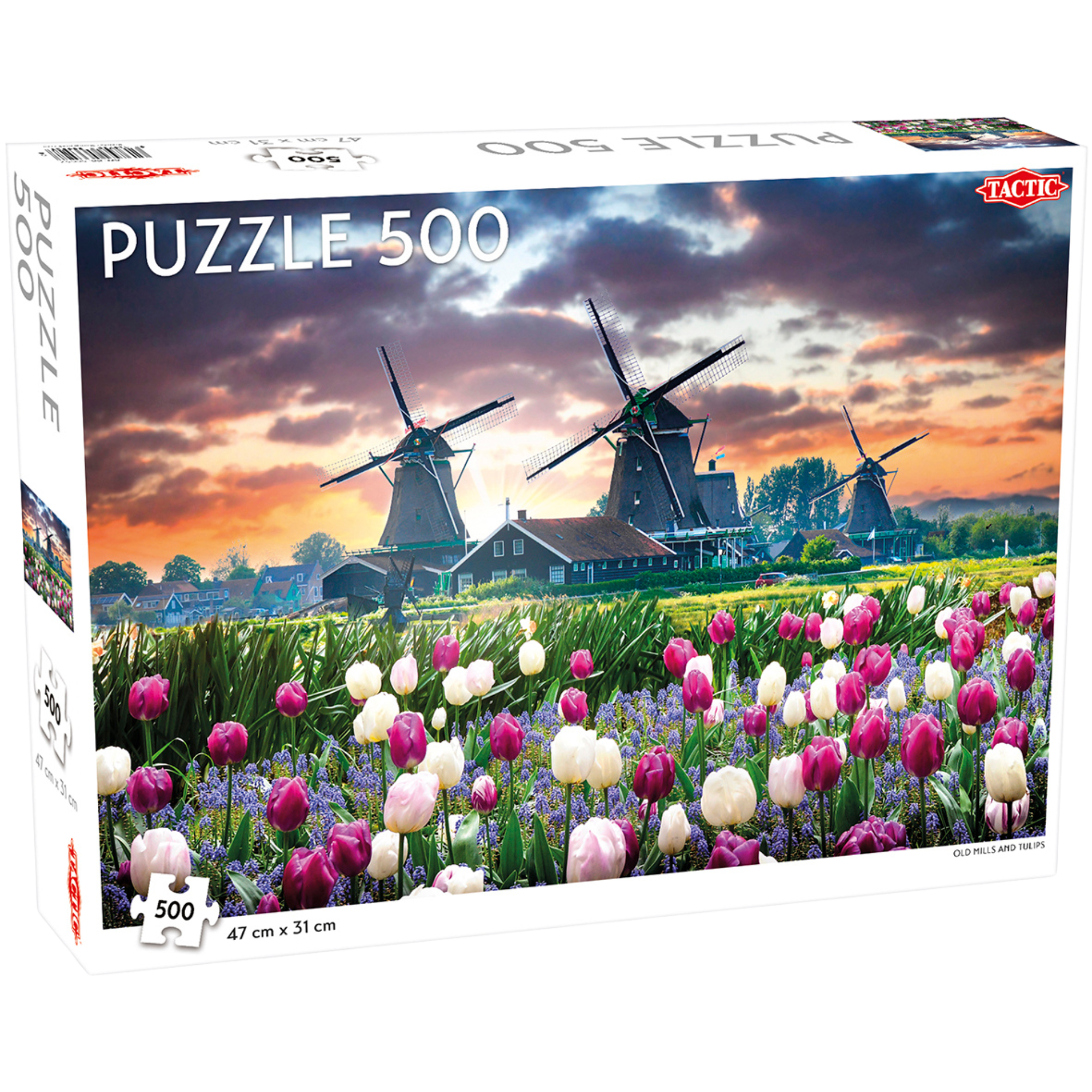 Gamle vindmøller og tulipaner 500 brikker Tactic puslespill eske med hollandsk landskap motiv